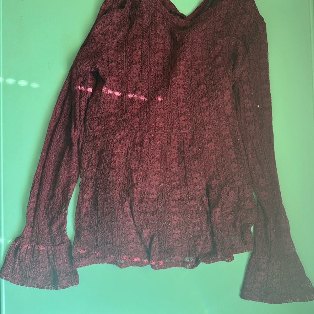 Kids Burgundy Lace Blouse. Attached‎ Undershirt. Button in Back
